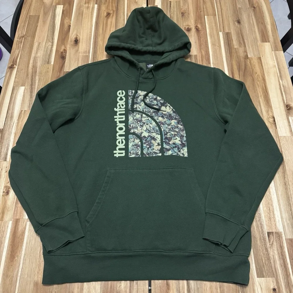North Face Hoodie Mens L Green Jumbo Logo‎ Sweatshirt Outdoor Fleece Pullover